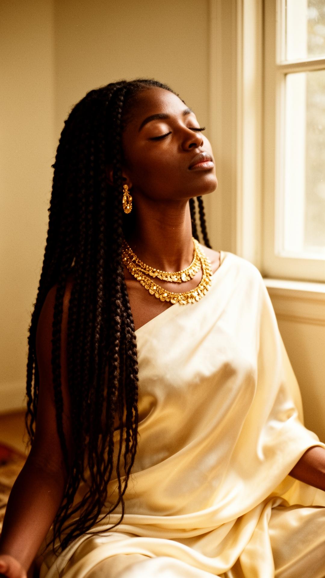Empress Theadora draped in cream silk, eyes closed in prayer